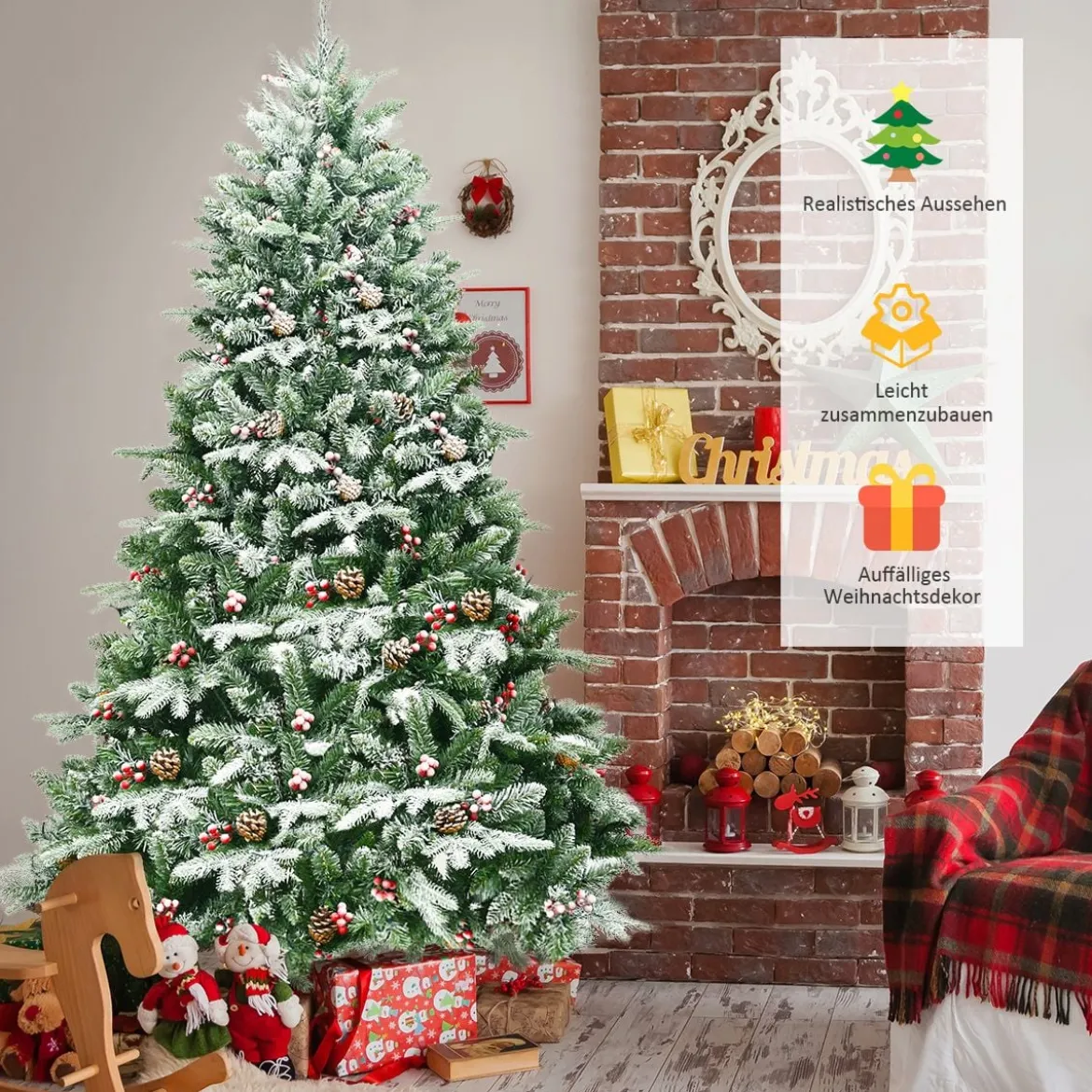 195 cm künstlicher Weihnachtsbaum Kiefer mit Schnee Kiefernzapfen & roten Beeren Grün