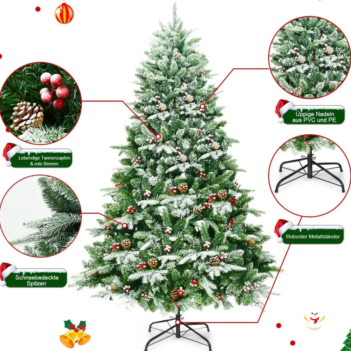 195 cm künstlicher Weihnachtsbaum Kiefer mit Schnee Kiefernzapfen & roten Beeren Grün