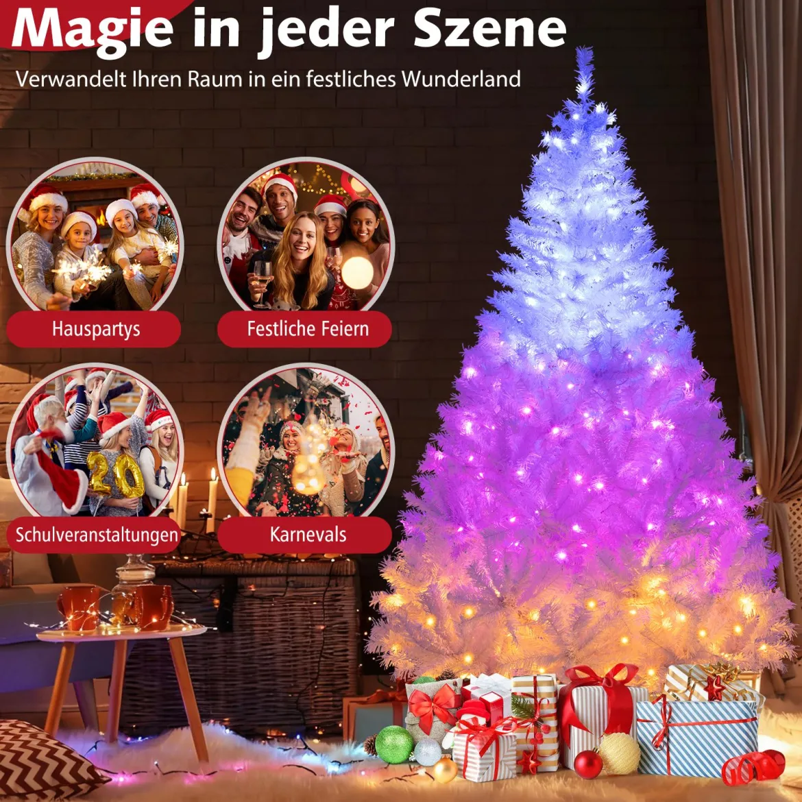 180 cm Künstlicher Weihnachtsbaum mit 3-farbigen LED Lichtern Tannenbaum Christbaum Weiß