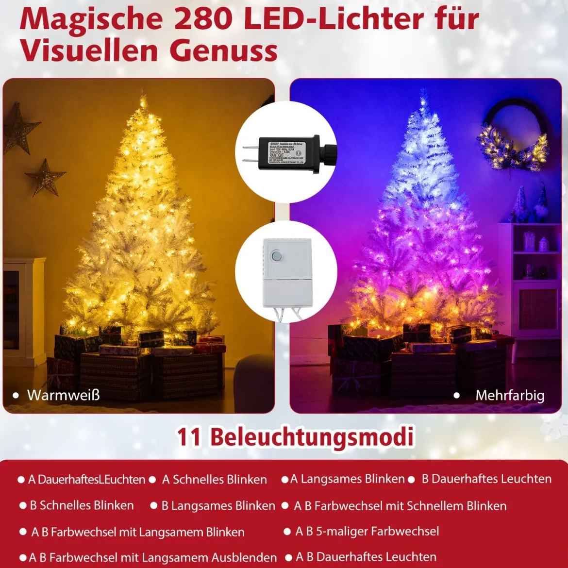 180 cm Künstlicher Weihnachtsbaum mit 3-farbigen LED Lichtern Tannenbaum Christbaum Weiß
