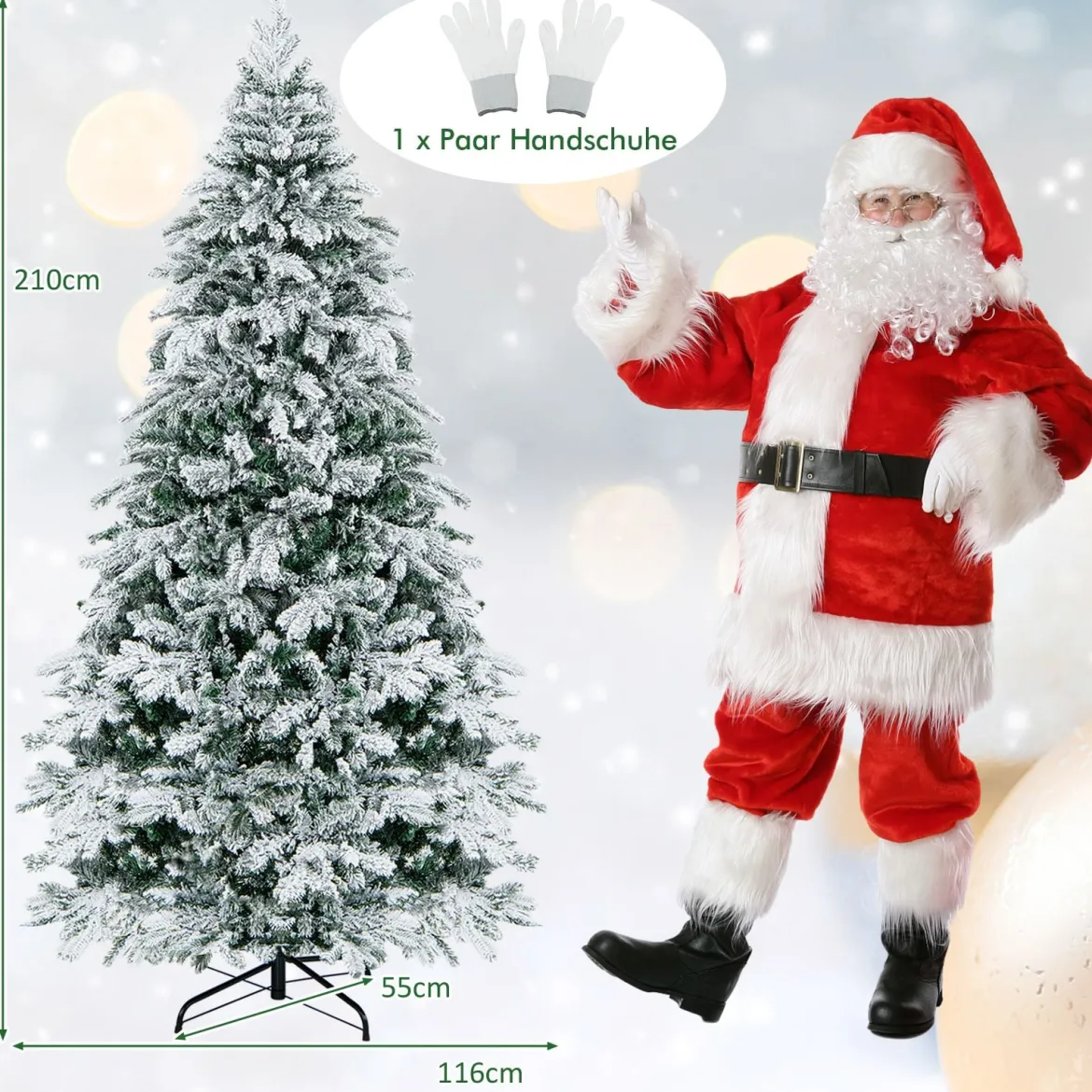 210 cm Künstlicher Weihnachtsbaum mit Beleuchtung und Schnee Tannenbaum mit 300 warmweißen LED-Lichtern