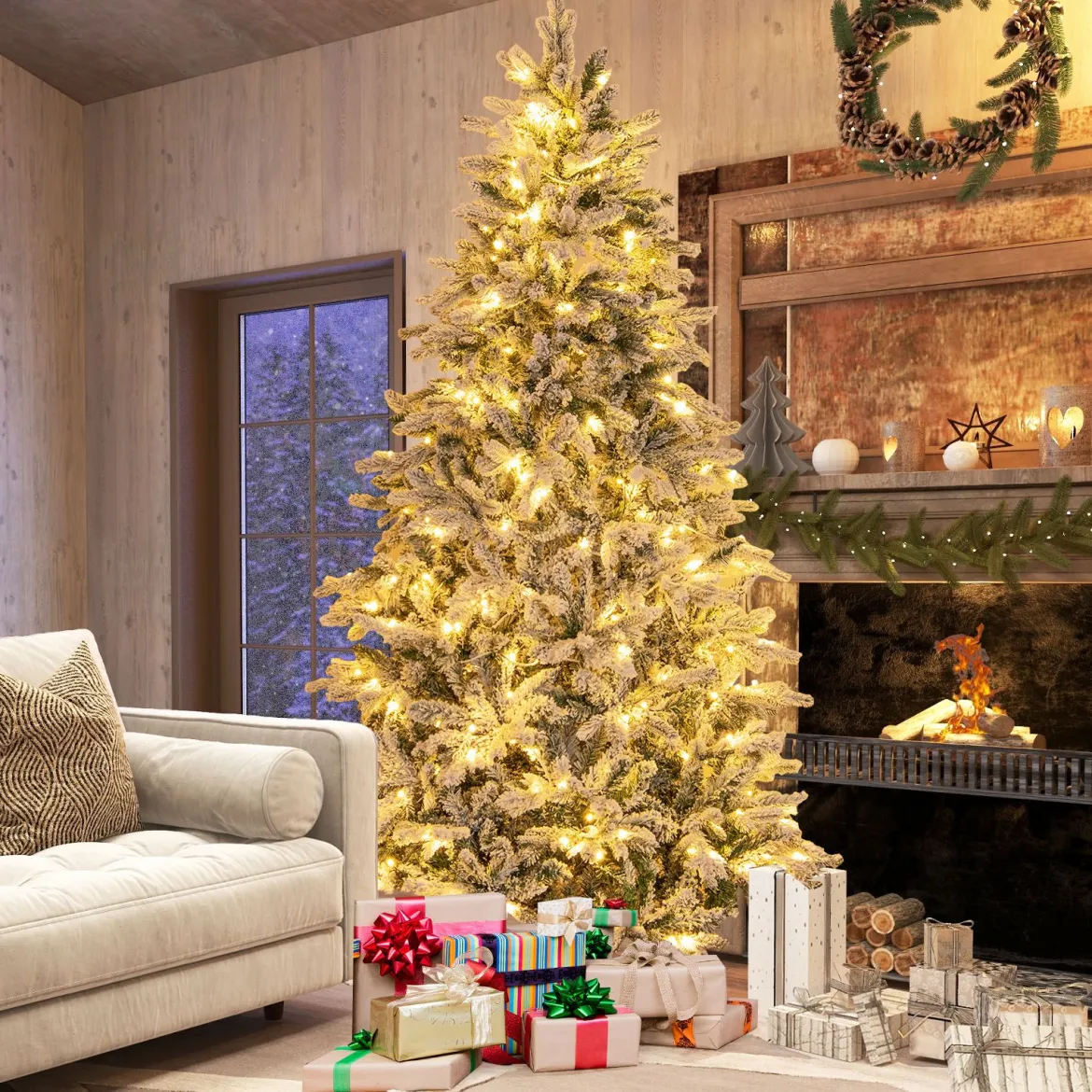 210 cm Künstlicher Weihnachtsbaum mit Beleuchtung und Schnee Tannenbaum mit 300 warmweißen LED-Lichtern