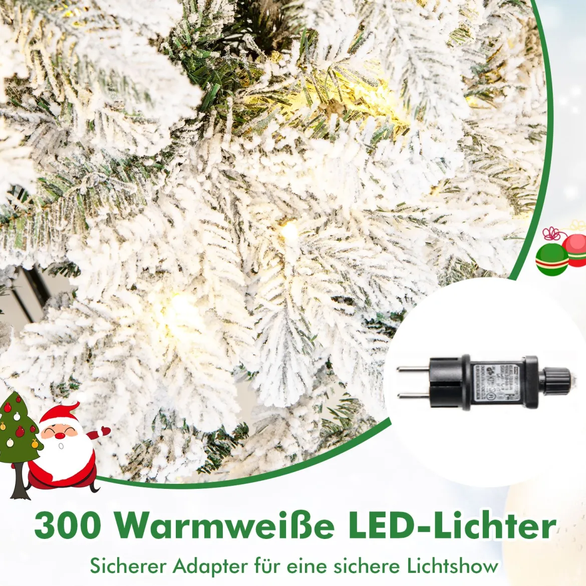 210 cm Künstlicher Weihnachtsbaum mit Beleuchtung und Schnee Tannenbaum mit 300 warmweißen LED-Lichtern