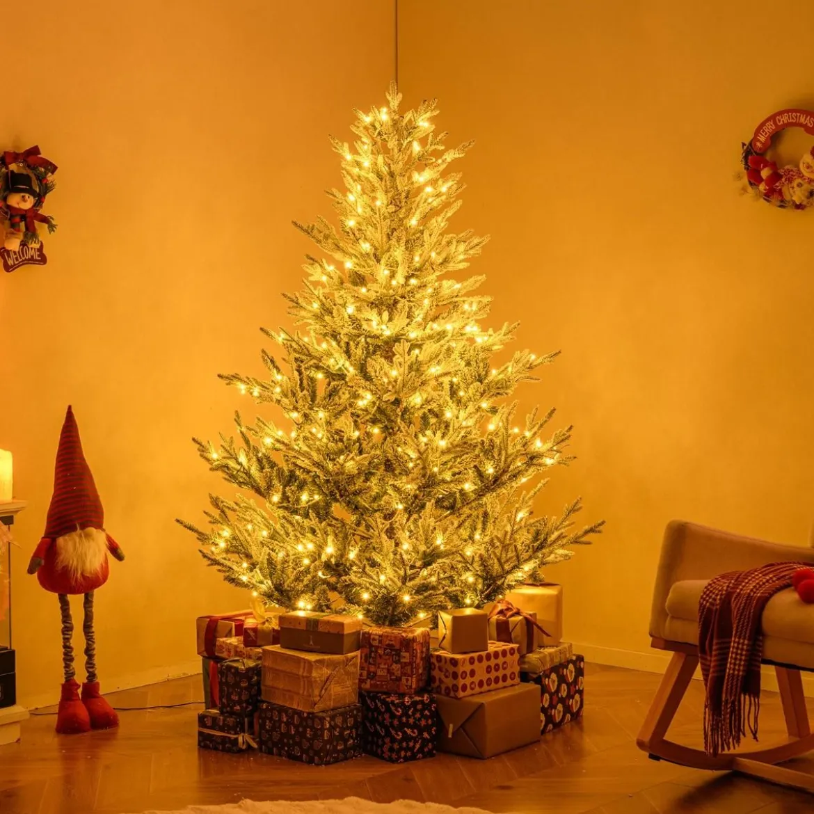 210 cm Künstlicher Weihnachtsbaum mit Beleuchtung & Schnee Tannenbaum Christbaum Kunstbaum
