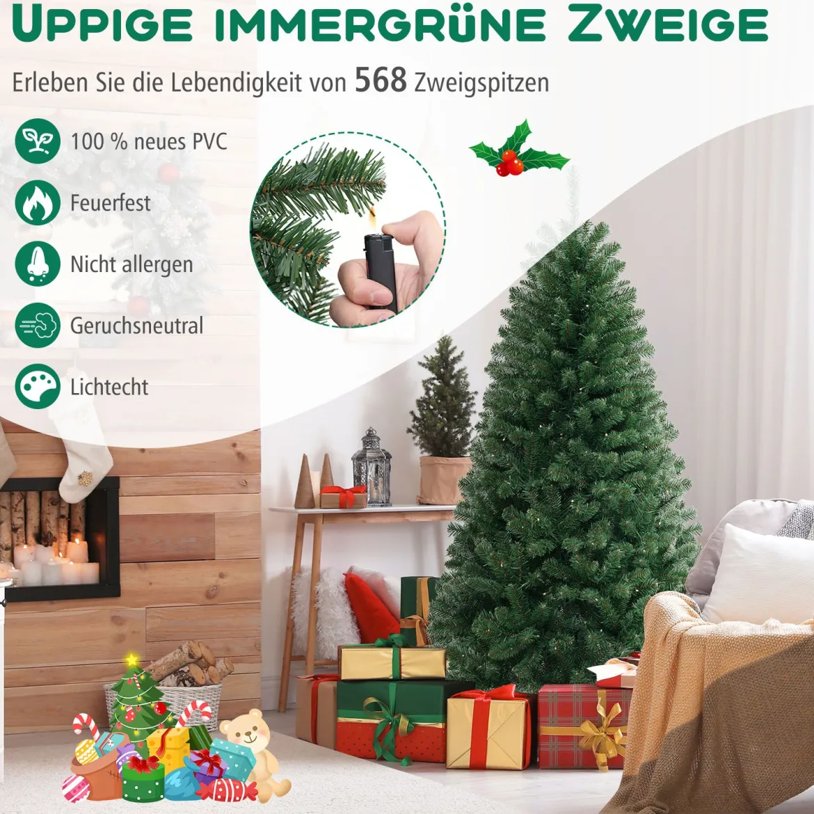 180cm künstlicher Weihnachtsbaum mit 568 PVC Zweigspitzen & 200 LED-Lichtern Festtagsbaum