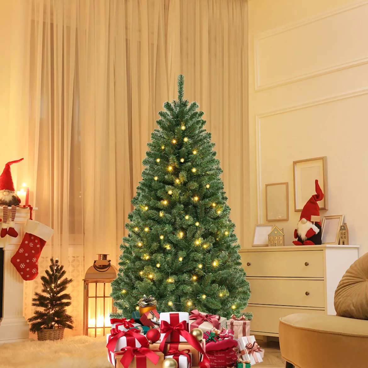 180cm künstlicher Weihnachtsbaum mit 568 PVC Zweigspitzen & 200 LED-Lichtern Festtagsbaum