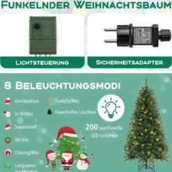 180cm künstlicher Weihnachtsbaum mit 568 PVC Zweigspitzen & 200 LED-Lichtern Festtagsbaum