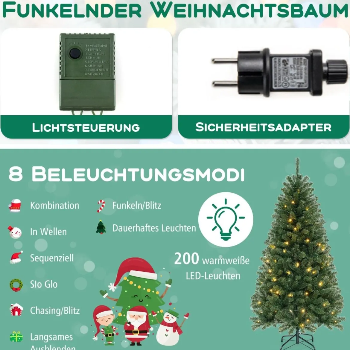 180cm künstlicher Weihnachtsbaum mit 568 PVC Zweigspitzen & 200 LED-Lichtern Festtagsbaum