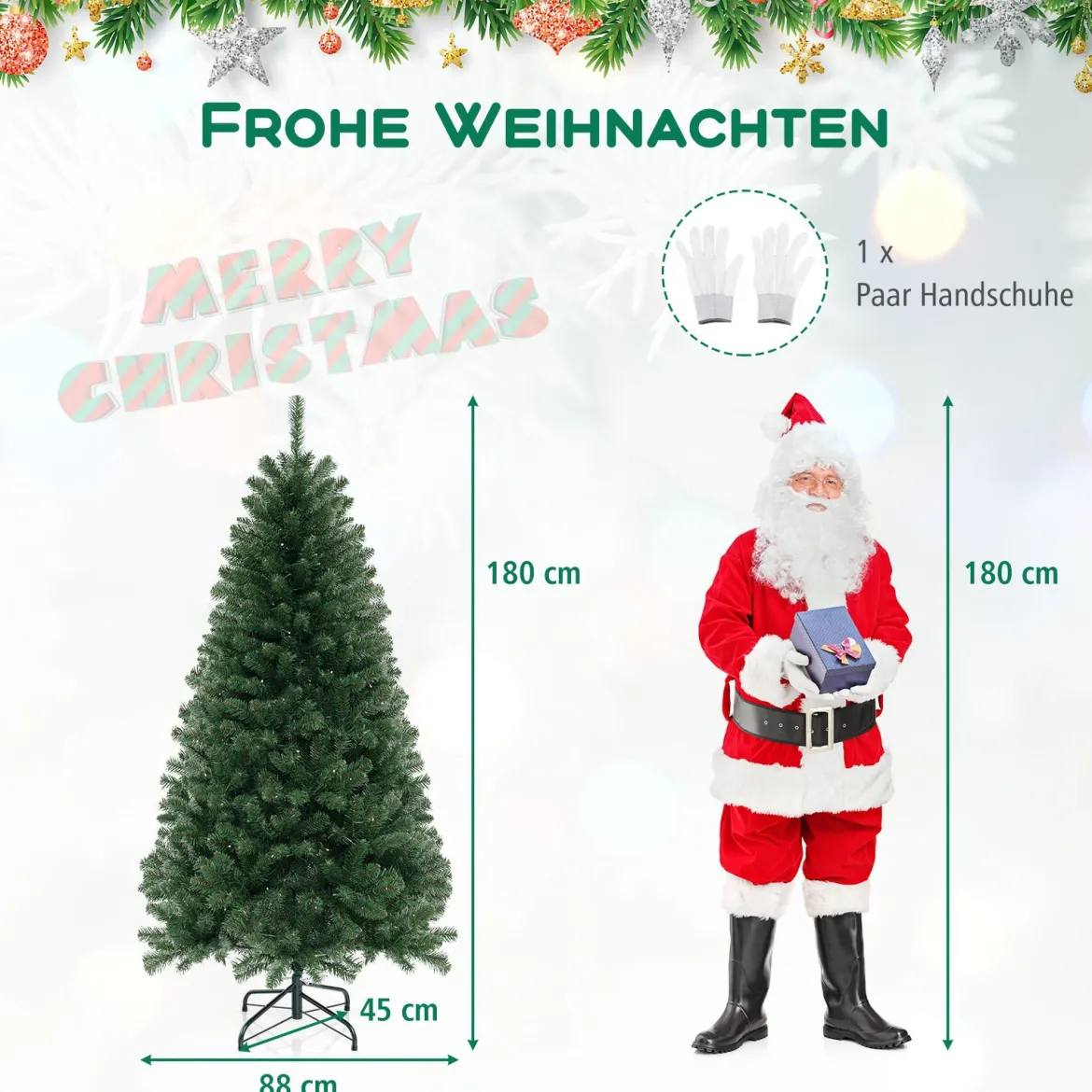 180cm künstlicher Weihnachtsbaum mit 568 PVC Zweigspitzen & 200 LED-Lichtern Festtagsbaum