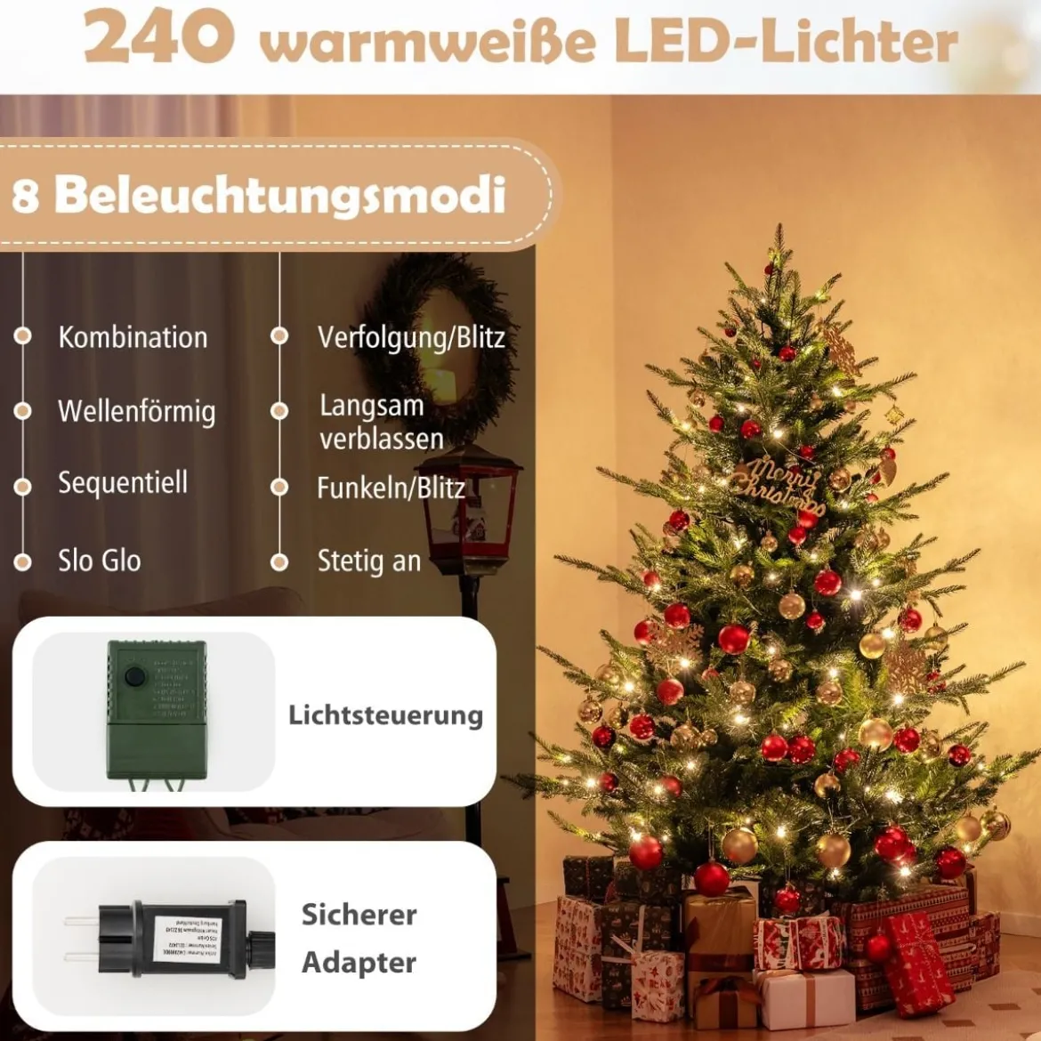 180 cm Künstlicher Weihnachtsbaum mit 240 Warmweißen LED Lichtern Tannenbaum