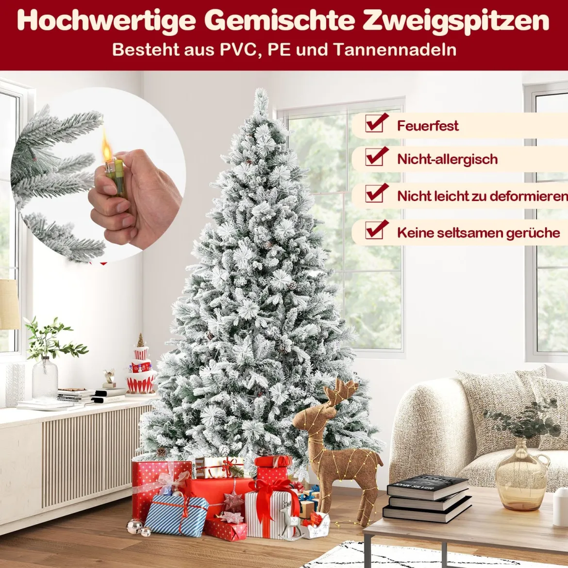 210 cm Künstlicher Weihnachtsbaum mit Schnee & 8 Lichtmodi & 1270 PE PVC Zweigspitzen