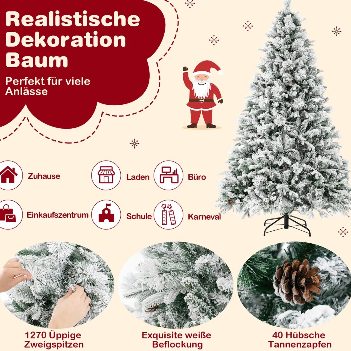 210 cm Künstlicher Weihnachtsbaum mit Schnee & 8 Lichtmodi & 1270 PE PVC Zweigspitzen