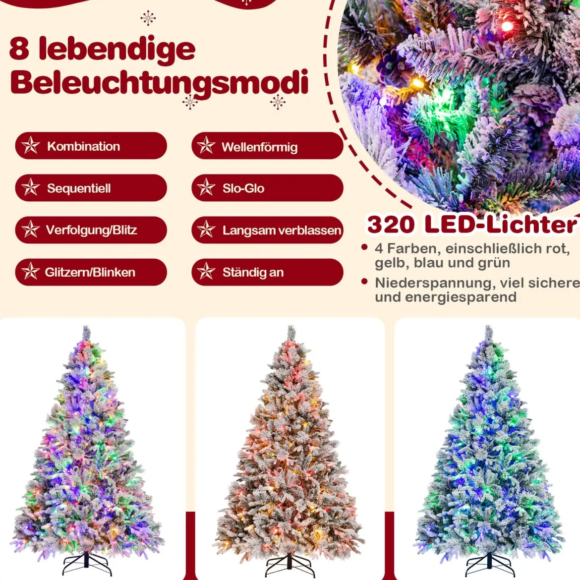 210 cm Künstlicher Weihnachtsbaum mit Schnee & 8 Lichtmodi & 1270 PE PVC Zweigspitzen