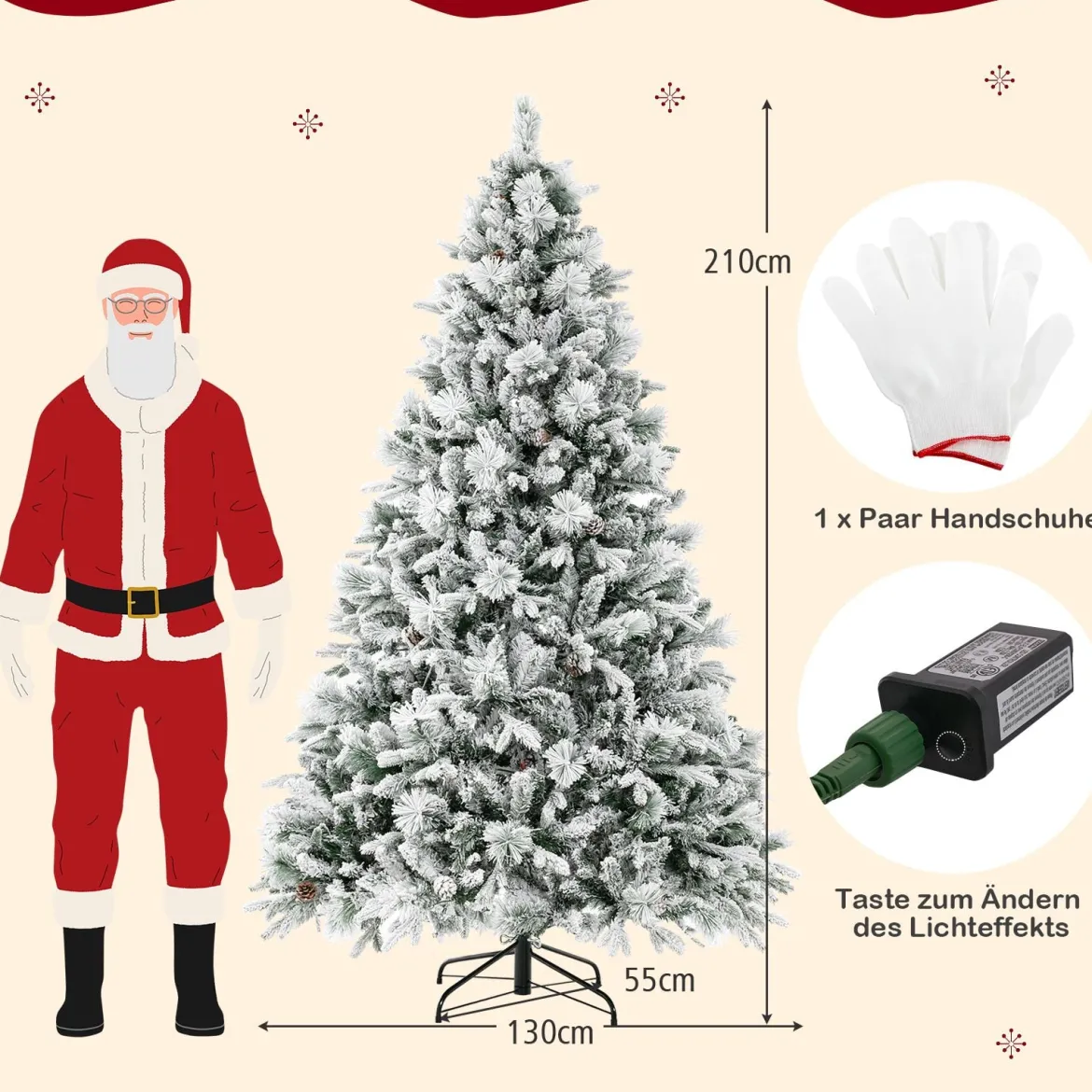 210 cm Künstlicher Weihnachtsbaum mit Schnee & 8 Lichtmodi & 1270 PE PVC Zweigspitzen
