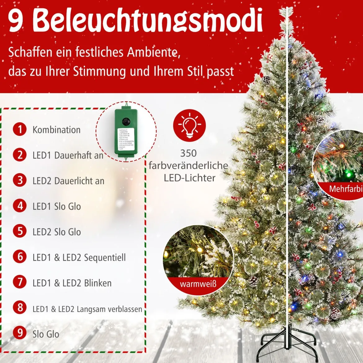 180 cm Künstlicher Weihnachtsbaum mit Beleuchtung Tannenbaum mit 350 mehrfarbigen LED-Lichtern