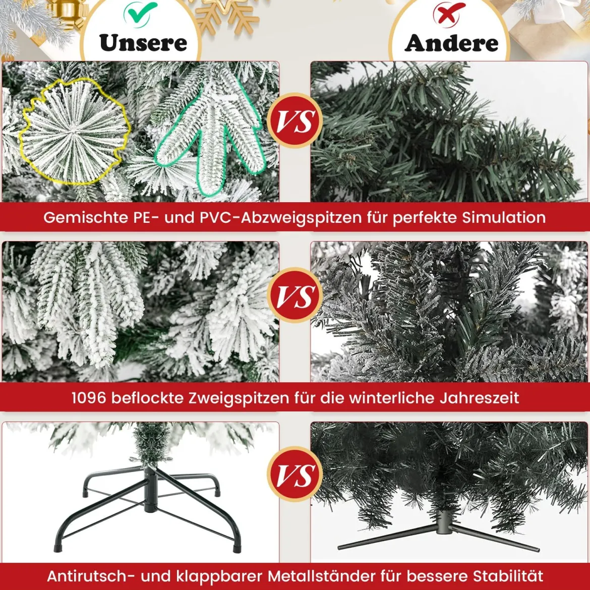 210 cm Künstlicher Weihnachtsbaum mit Schnee und Beleuchtung Tannenbaum mit 300 Warmweißen LED-Lichtern