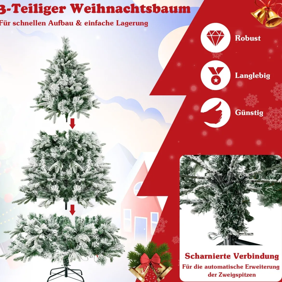 210 cm Künstlicher Weihnachtsbaum mit Schnee und Beleuchtung Tannenbaum mit 300 Warmweißen LED-Lichtern