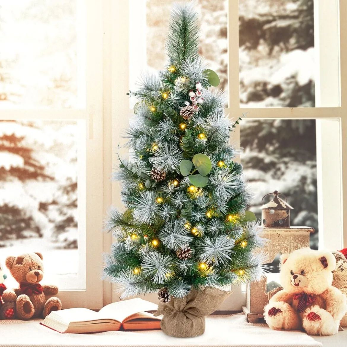 90 cm Künstlicher Weihnachtsbaum mit Beleuchtung & 30 Warmweißen LED Lichtern & Timer