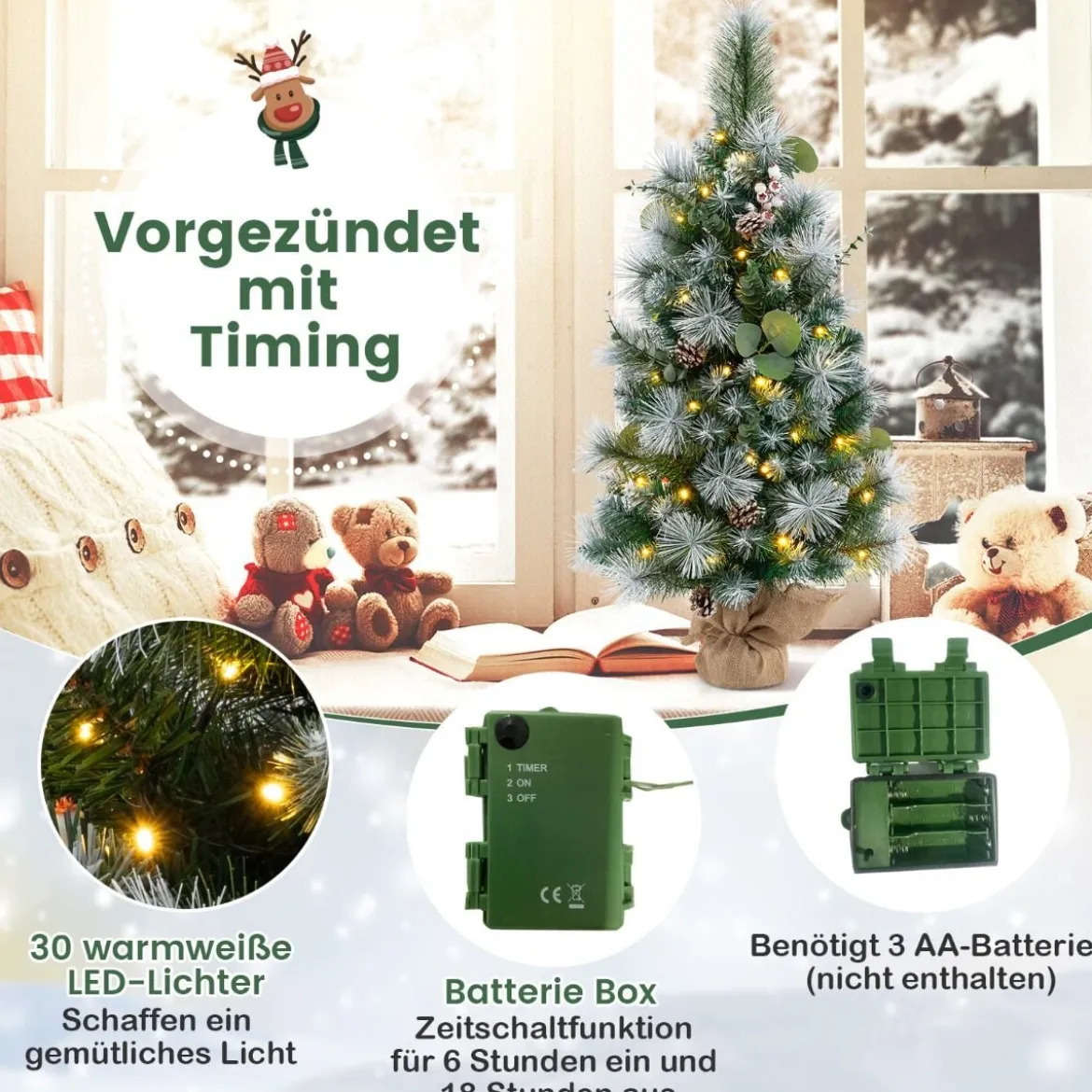90 cm Künstlicher Weihnachtsbaum mit Beleuchtung & 30 Warmweißen LED Lichtern & Timer