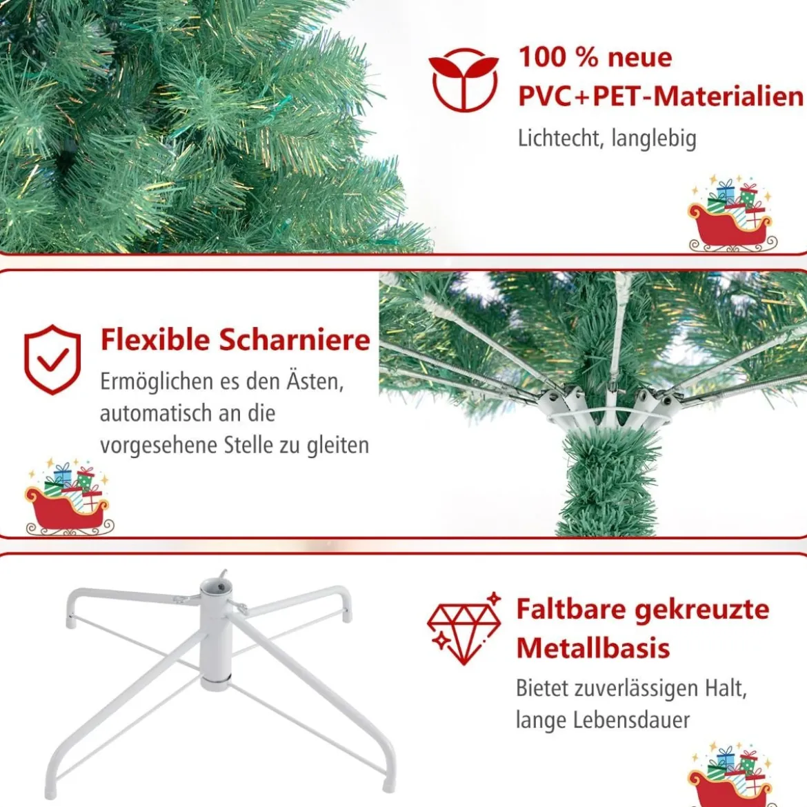 225 cm Künstlicher Weihnachtsbaum mit Beleuchtung Tannenbaum mit warmweißen LED-Lichtern Grün