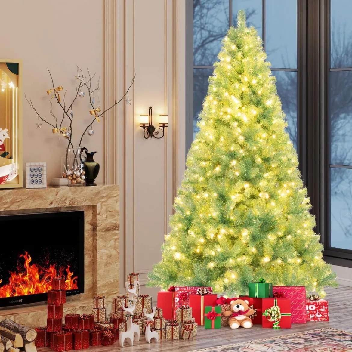225 cm Künstlicher Weihnachtsbaum mit Beleuchtung Tannenbaum mit warmweißen LED-Lichtern Grün
