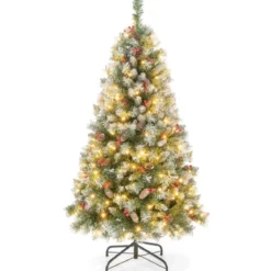 150 cm Künstlicher Weihnachtsbaum mit Beleuchtung & Schnee & Tannenzapfen & Roten Beeren