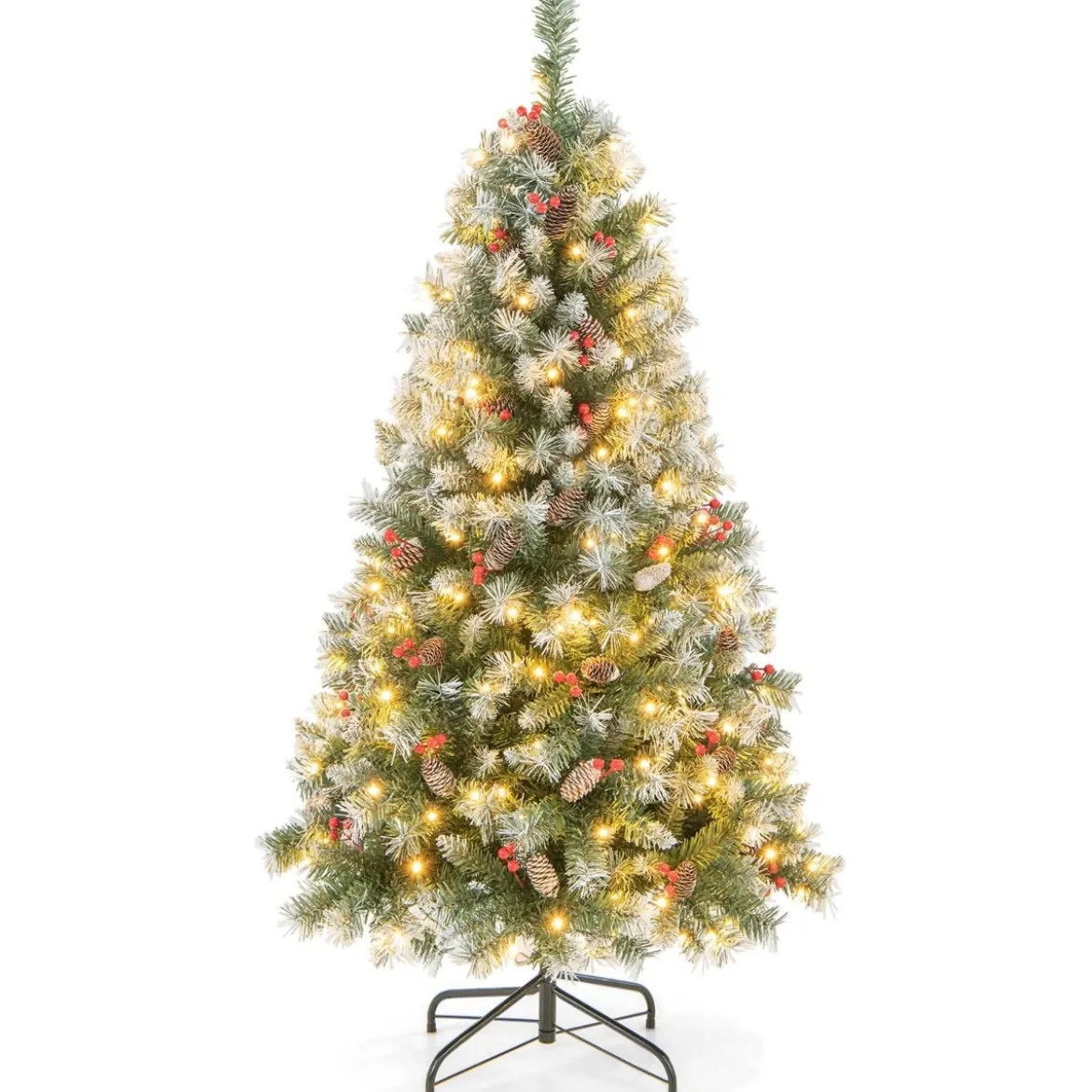 150 cm Künstlicher Weihnachtsbaum mit Beleuchtung & Schnee & Tannenzapfen & Roten Beeren