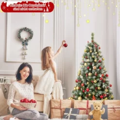 150 cm Künstlicher Weihnachtsbaum mit Beleuchtung & Schnee & Tannenzapfen & Roten Beeren