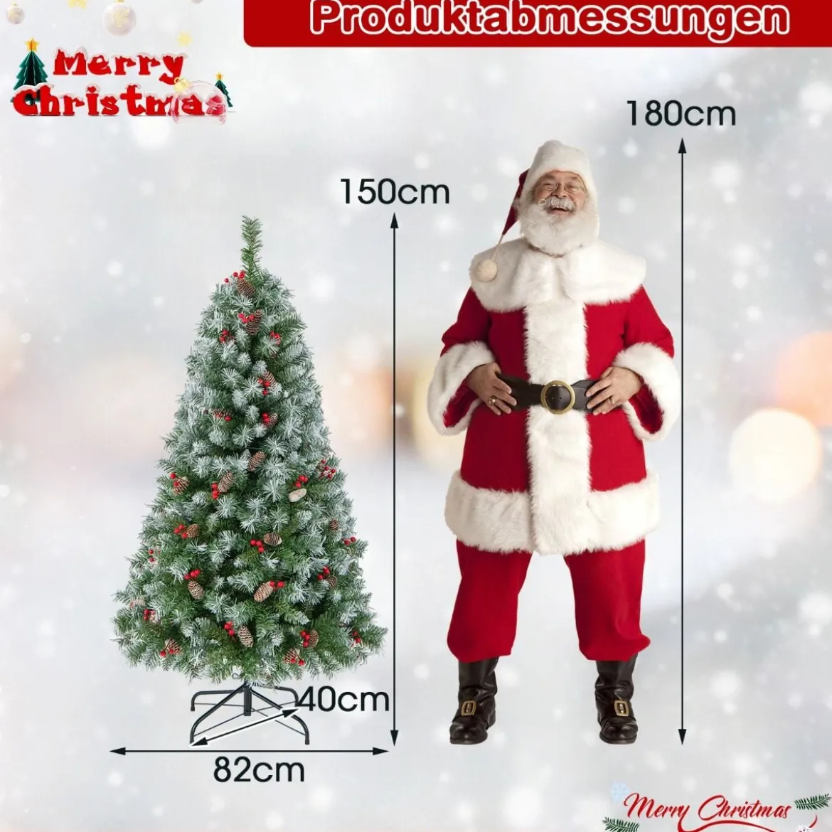 150 cm Künstlicher Weihnachtsbaum mit Beleuchtung & Schnee & Tannenzapfen & Roten Beeren