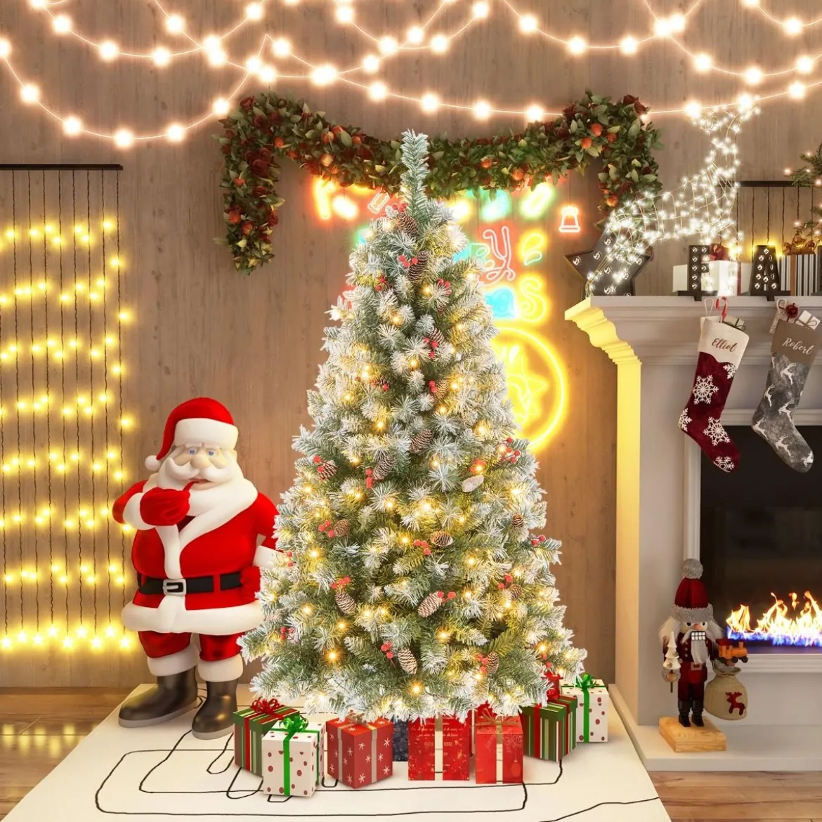 150 cm Künstlicher Weihnachtsbaum mit Beleuchtung & Schnee & Tannenzapfen & Roten Beeren
