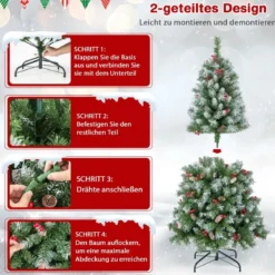 150 cm Künstlicher Weihnachtsbaum mit Beleuchtung & Schnee & Tannenzapfen & Roten Beeren