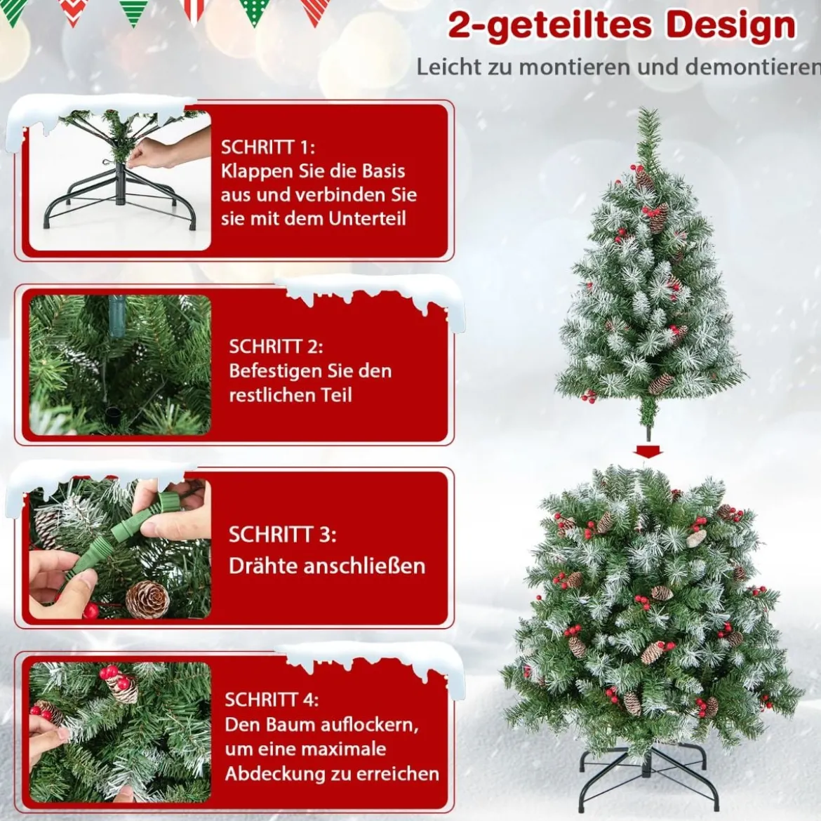 150 cm Künstlicher Weihnachtsbaum mit Beleuchtung & Schnee & Tannenzapfen & Roten Beeren