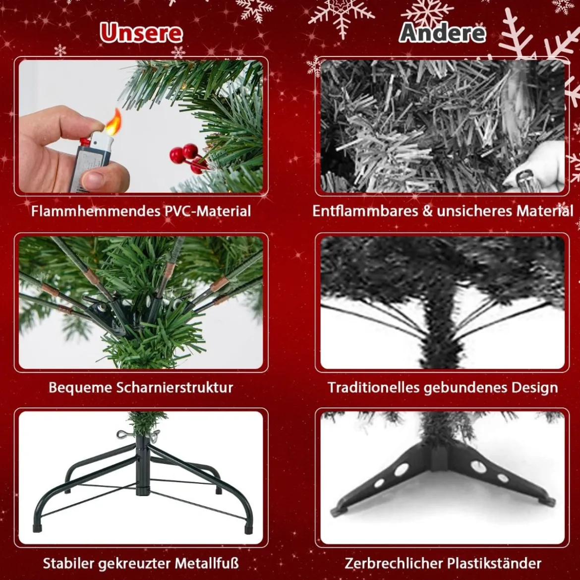 150 cm Künstlicher Weihnachtsbaum mit Beleuchtung & Schnee & Tannenzapfen & Roten Beeren