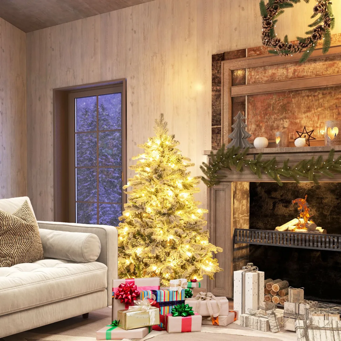 135 cm Künstlicher Weihnachtsbaum mit Beleuchtung und Schnee Tannenbaum mit 120 warmweißen LED-Lichtern
