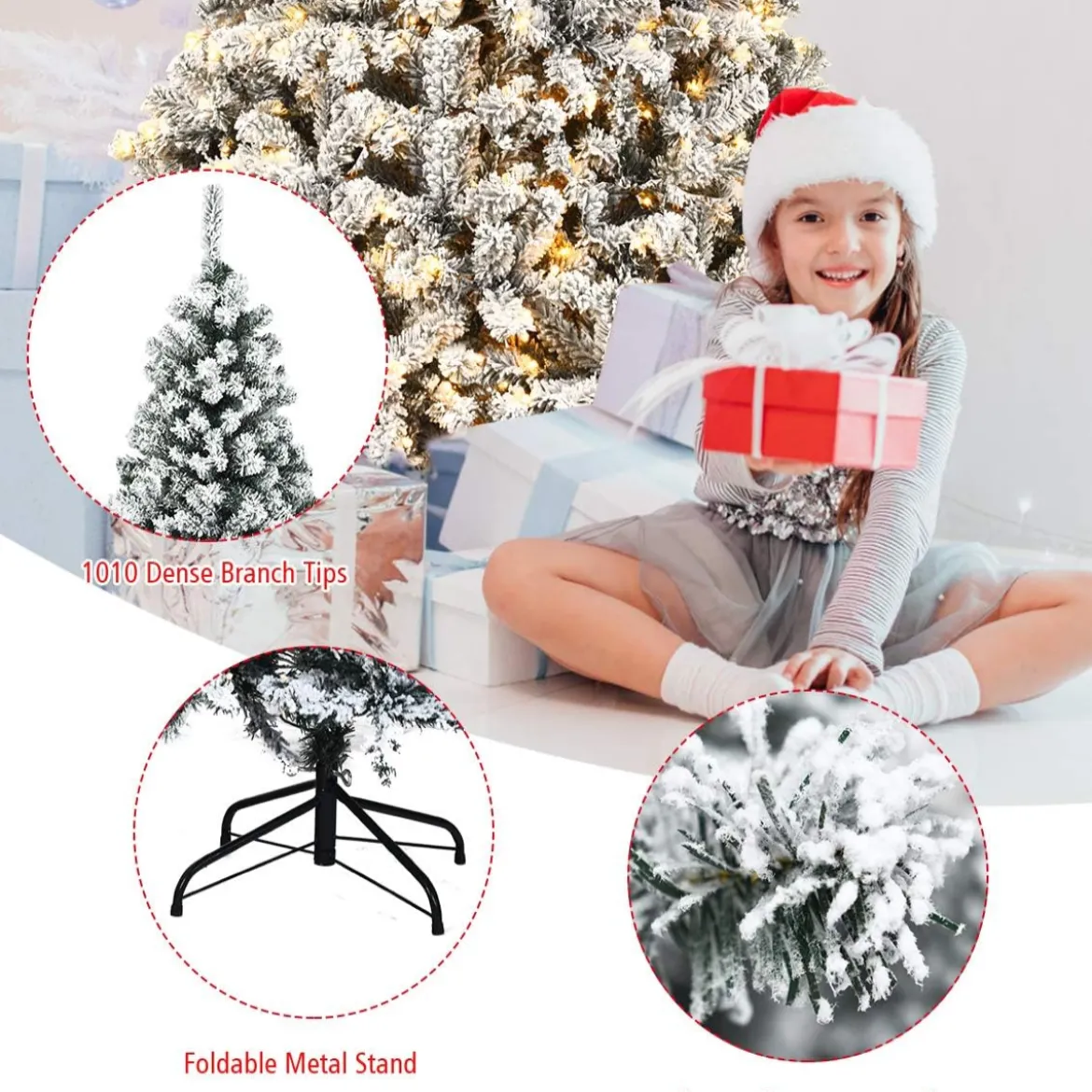 225cm Künstlicher Weihnachtsbaum mit Schnee und warmweißen LED-Leuchten Christbaum PVC Nadeln