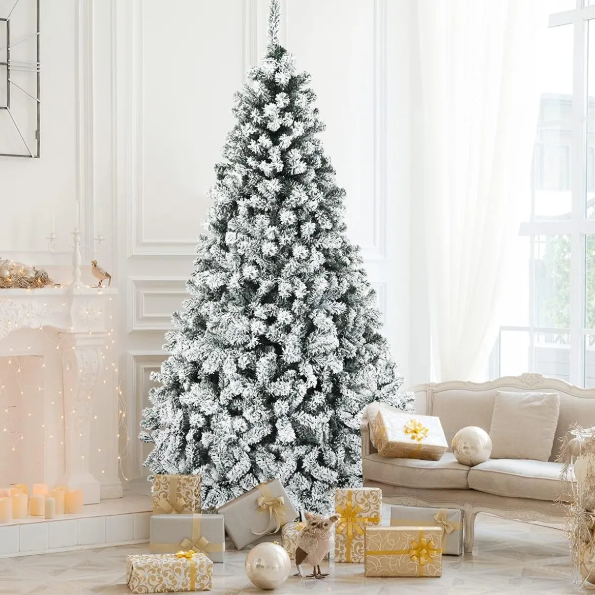 225cm Künstlicher Weihnachtsbaum mit Schnee und warmweißen LED-Leuchten Christbaum PVC Nadeln