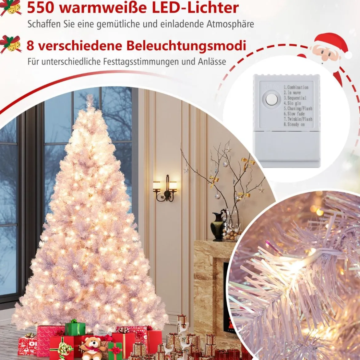 225 cm Künstlicher Weihnachtsbaum mit Beleuchtung Tannenbaum mit warmweißen LED-Lichtern Violett