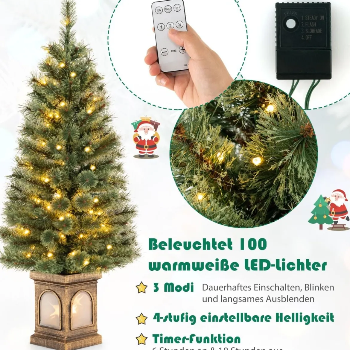 120 cm Künstlicher Weihnachtsbaum im Topf mit Beleuchtung & Lichtern & Timer & Zweigspitzen
