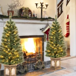 120 cm Künstlicher Weihnachtsbaum im Topf mit Beleuchtung & Lichtern & Timer & Zweigspitzen