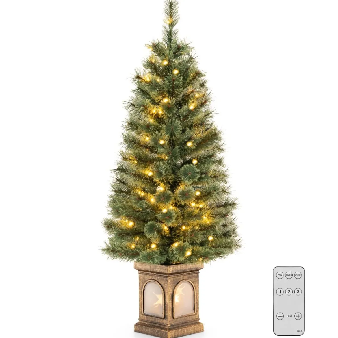 120 cm Künstlicher Weihnachtsbaum im Topf mit Beleuchtung & Lichtern & Timer & Zweigspitzen