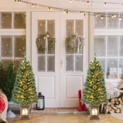 120 cm Künstlicher Weihnachtsbaum im Topf mit Beleuchtung & Lichtern & Timer & Zweigspitzen