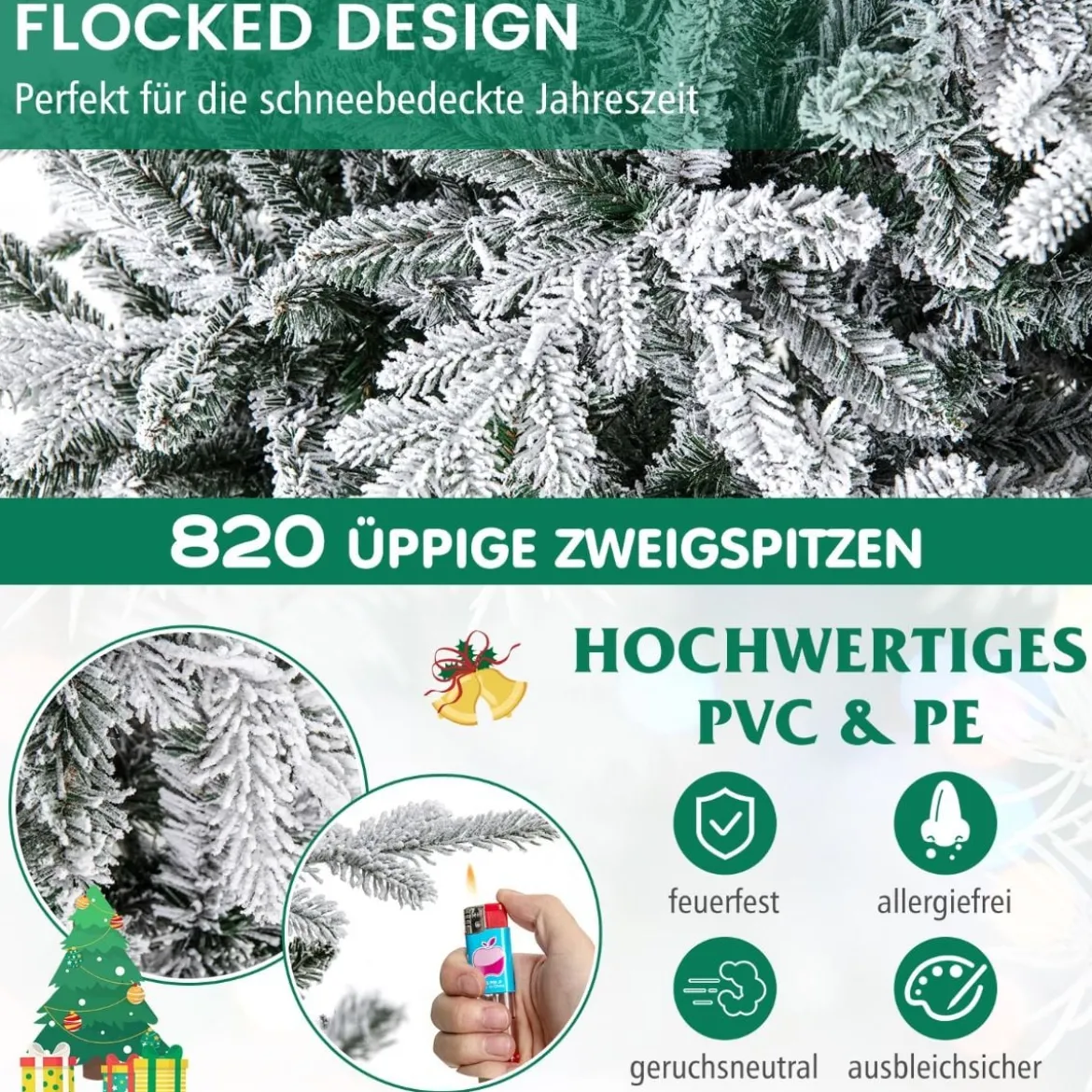 147/186cm Künstlicher Weihnachtsbaum mit Mehrfarbigen LED-Lichtern & 8 Lichtmodi Beflockter Tannenbaum
