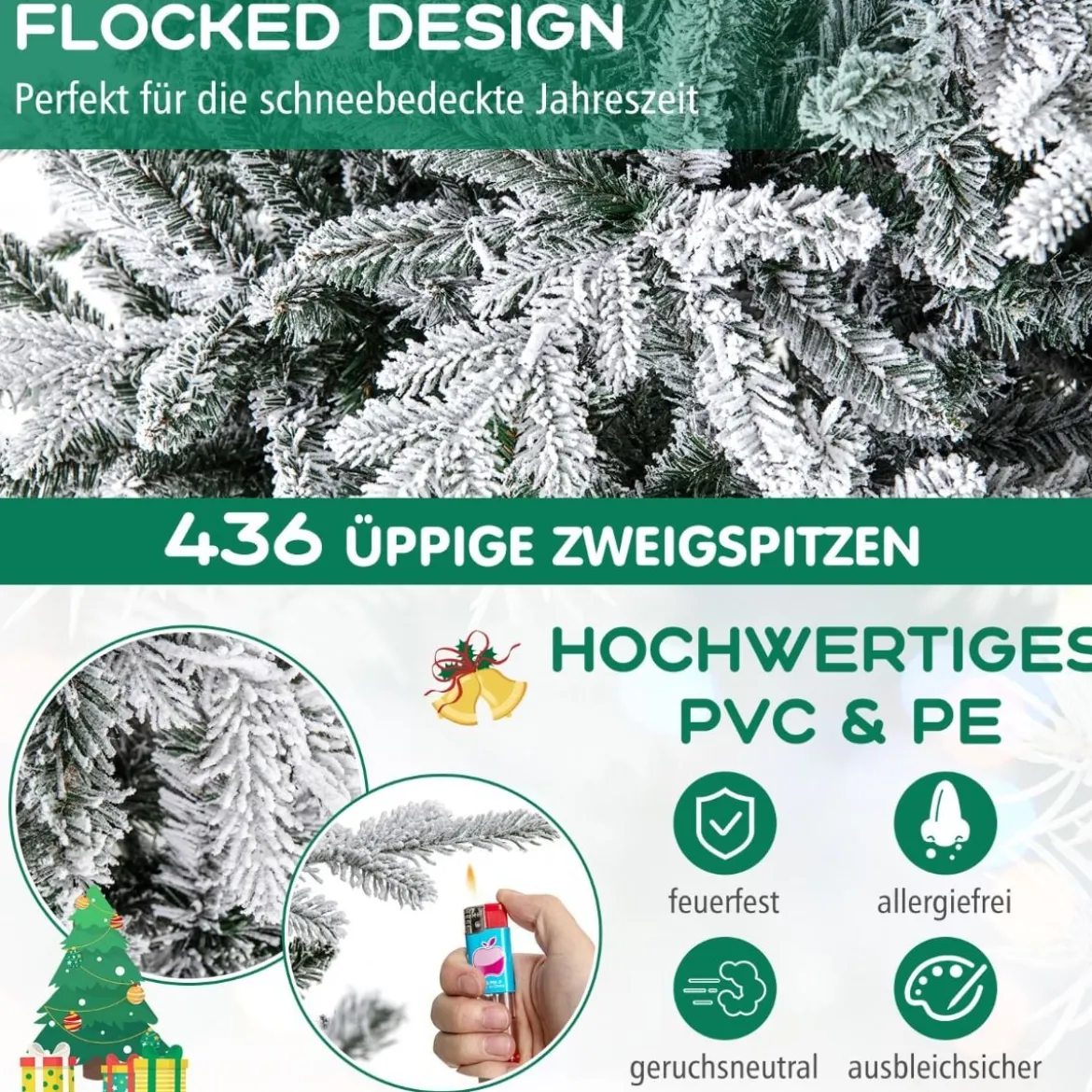 147/186cm Künstlicher Weihnachtsbaum mit Mehrfarbigen LED-Lichtern & 8 Lichtmodi Beflockter Tannenbaum