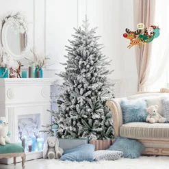147/186cm Künstlicher Weihnachtsbaum mit Mehrfarbigen LED-Lichtern & 8 Lichtmodi Beflockter Tannenbaum