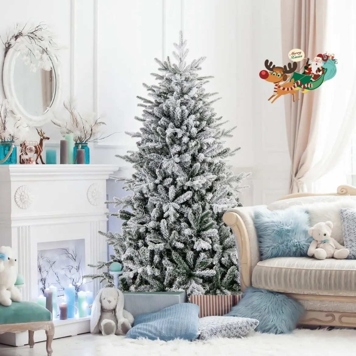 147/186cm Künstlicher Weihnachtsbaum mit Mehrfarbigen LED-Lichtern & 8 Lichtmodi Beflockter Tannenbaum