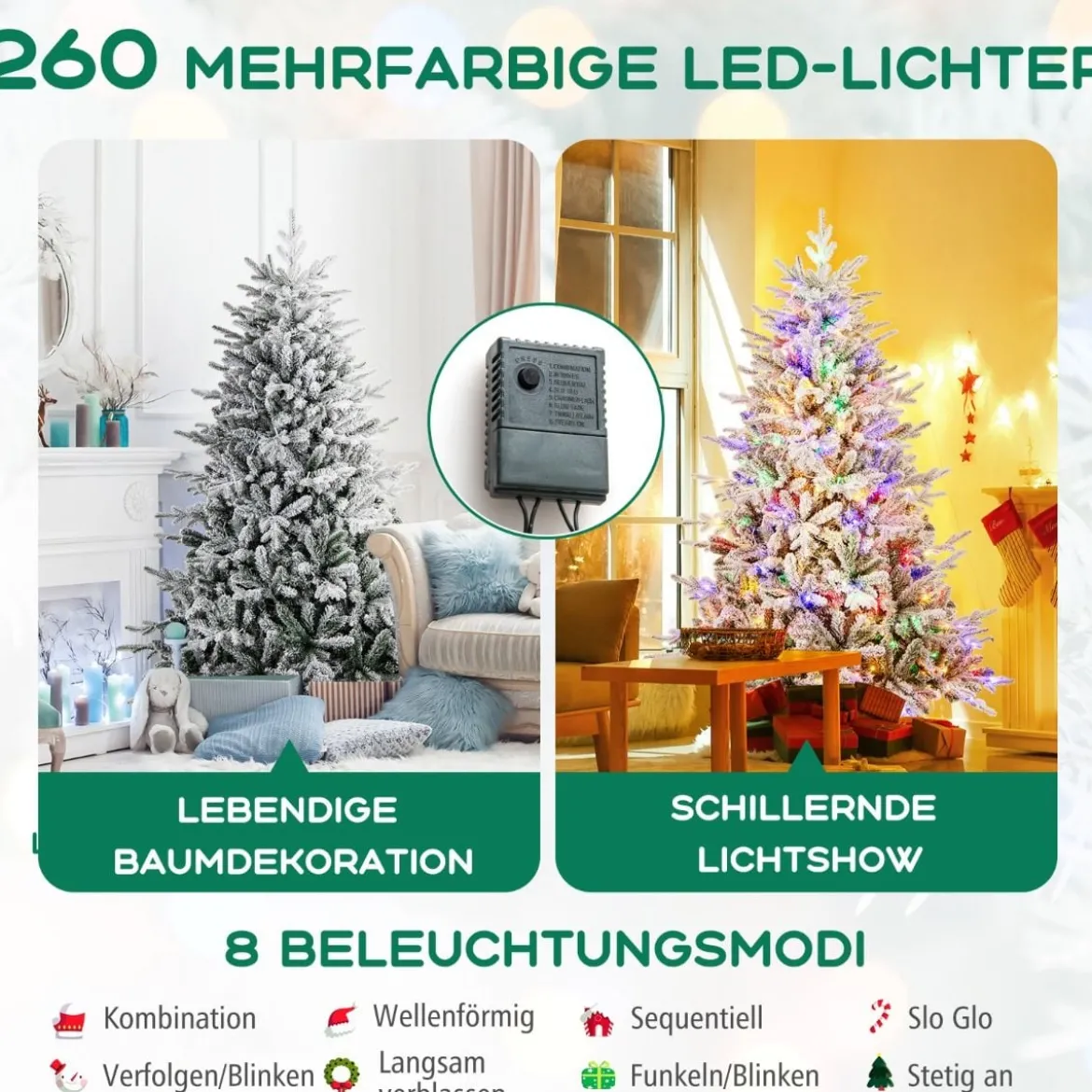 147/186cm Künstlicher Weihnachtsbaum mit Mehrfarbigen LED-Lichtern & 8 Lichtmodi Beflockter Tannenbaum