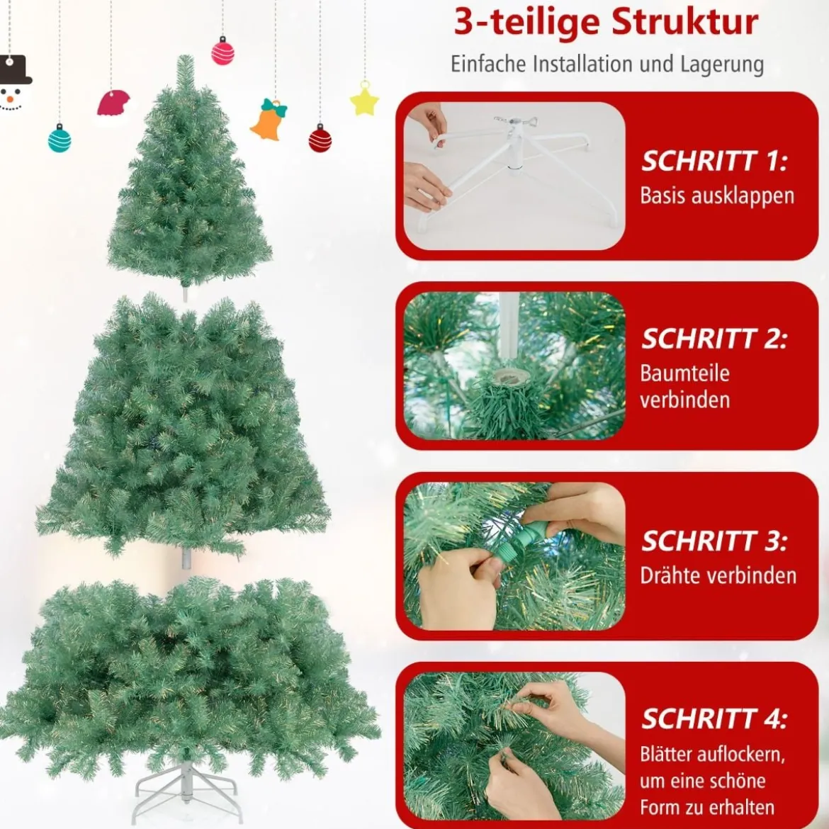 180 cm Künstlicher Weihnachtsbaum mit Beleuchtung Tannenbaum mit warmweißen LED-Lichtern Grün