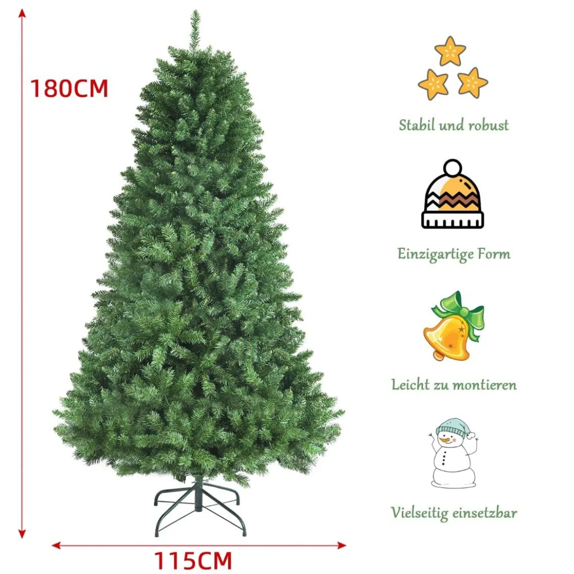 180 cm künstlicher Weihnachtsbaum Christbaum Glocke Design mit 1130 üppigen Zweigen Grün