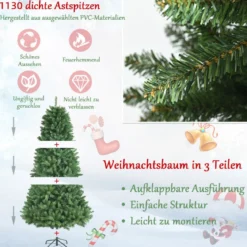 180 cm künstlicher Weihnachtsbaum Christbaum Glocke Design mit 1130 üppigen Zweigen Grün