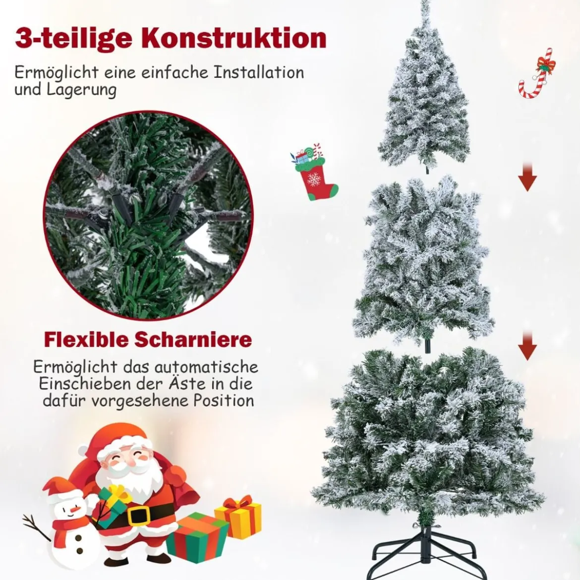 180 cm Künstlicher Weihnachtsbaum mit 260 Warmweißen LED-Lichtern & Schnee Bleistift Tannenbaum